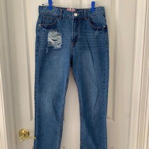 Distressed denim club mom jeans